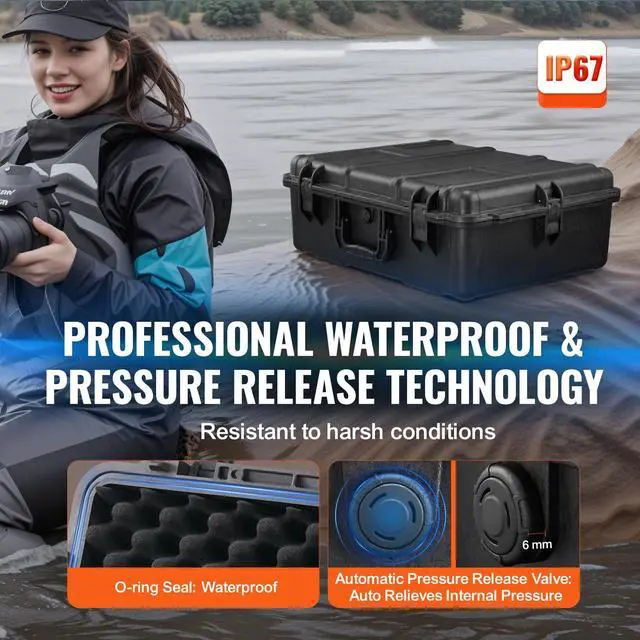 Alt view image 4 of 7 - Weatherproof Hard Case, Heavy Duty Protective Dry Box Case with Pre-cut Foam, and Retractable Pull Handles for Travel, Hunting, Military, Tactical, IP67 Waterproof Case for Cameras (56.1x37x26)