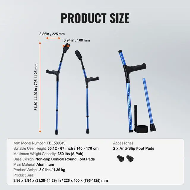 Alt view image 7 of 7 - Forearm Crutches for Adults, 11-Level Height Adjustable Walking Crutches with 4-Level Upper Cuff, Lightweight Aluminum Medical Support Crutches for Leg Injury Surgery Disabled, 1 Pair (350LBS)