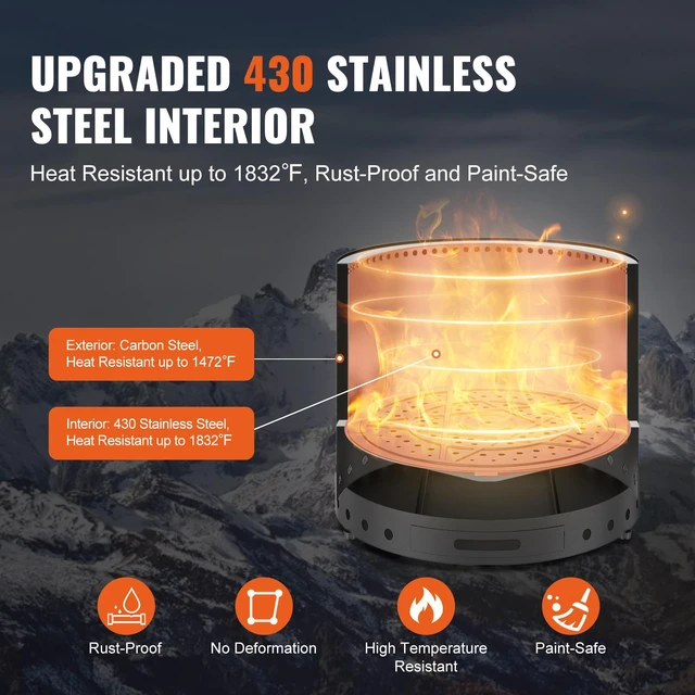 Alt view image 3 of 7 - Smokeless Fire Pit Stove Bonfire, H: 15.4 in x Dia: 19.3 in ,Wood Burning Fireplaces with Removable Ash Pan, SUS430 Stainless Steel inner Portable Outdoor Firepit, for Outdoor Patio Camping