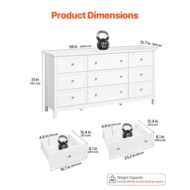 Alt view image 3 of 7 - 9 Drawer Dresser, Wooden Chest of Drawers with Sliding and Anti-tip Device, Retro Minimalist Dresser Chest, Closet Storage TV Stand Organizer for Living Room, Hallway, Bedroom, Entryway, White