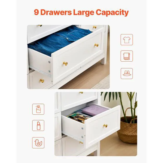 Alt view image 4 of 7 - 9 Drawer Dresser, Wooden Chest of Drawers with Sliding and Anti-tip Device, Retro Minimalist Dresser Chest, Closet Storage TV Stand Organizer for Living Room, Hallway, Bedroom, Entryway, White