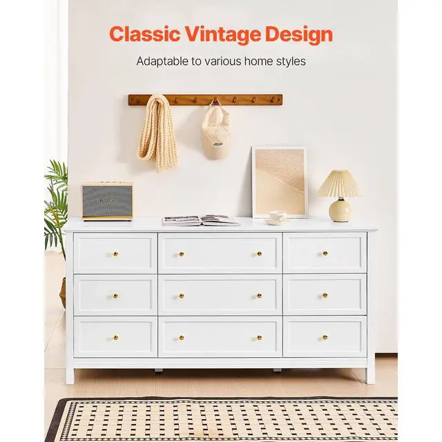 Alt view image 2 of 7 - 9 Drawer Dresser, Wooden Chest of Drawers with Sliding and Anti-tip Device, Retro Minimalist Dresser Chest, Closet Storage TV Stand Organizer for Living Room, Hallway, Bedroom, Entryway, White