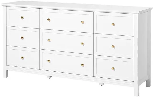 Main image of 9 Drawer Dresser, Wooden Chest of Drawers with Sliding and Anti-tip Device, Retro Minimalist Dresser Chest, Closet Storage TV Stand Organizer for Living Room, Hallway, Bedroom, Entryway, White