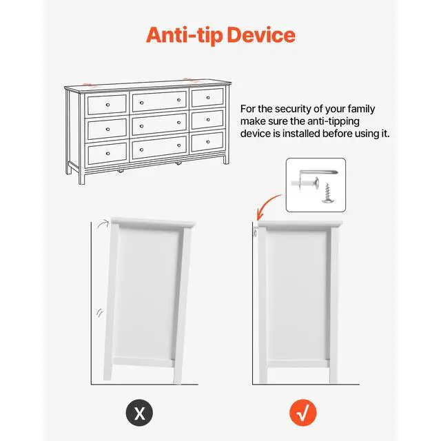 Alt view image 7 of 7 - 9 Drawer Dresser, Wooden Chest of Drawers with Sliding and Anti-tip Device, Retro Minimalist Dresser Chest, Closet Storage TV Stand Organizer for Living Room, Hallway, Bedroom, Entryway, White