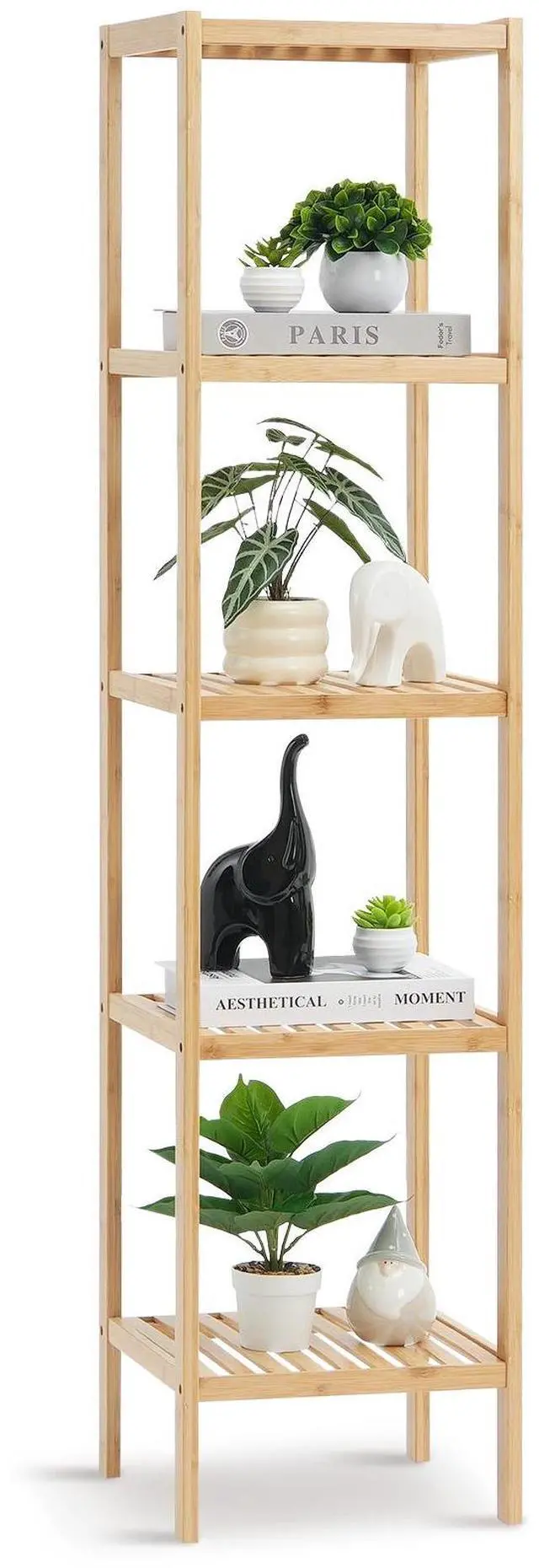 Main image of 5-Tier Bathroom Standing Shelf, Narrow Shelving Unit, Display Storage Rack Organizer, Freestanding Flower Plant Stand, Multifunctional Bamboo Shelf Ideal for BathRoom, Kitchen, Home, Natural