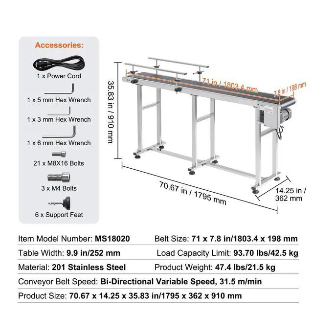 Alt view image 7 of 7 - Belt Conveyor, 71 x 7.8 inch Conveyor Table, Heavy Duty Stainless Steel Motorized Belt Conveyor for Inkjet Coding Applications Powered PVC Belt Anti-Static Adjustable Speed (Double Guardrail)