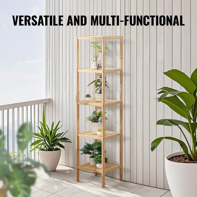 Alt view image 7 of 7 - 5-Tier Bathroom Standing Shelf, Narrow Shelving Unit, Display Storage Rack Organizer, Freestanding Flower Plant Stand, Multifunctional Bamboo Shelf Ideal for BathRoom, Kitchen, Home, Natural