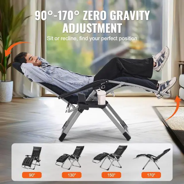 Alt view image 3 of 7 - Zero Gravity Chair, 26 inch Zero Gravity Recliner Lounge Chair for Indoor and Outdoor, Adjustable Anti Gravity Chair with Cushion, Headrest, Footrest, and Cupholder, 500 lbs, Black