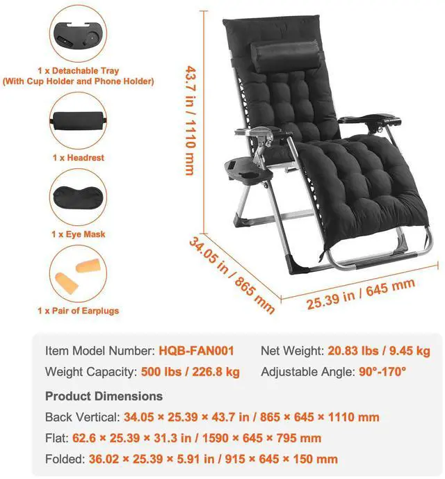 Alt view image 7 of 7 - Zero Gravity Chair, 26 inch Zero Gravity Recliner Lounge Chair for Indoor and Outdoor, Adjustable Anti Gravity Chair with Cushion, Headrest, Footrest, and Cupholder, 500 lbs, Black