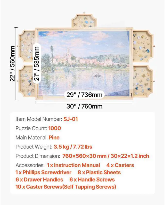 Alt view image 7 of 7 - VEVOR 1000 Piece Rotating Puzzle Board with 5 Drawers and Cover, 29x21 in Portable Wooden Table, Jigsaw Puzzle Accessories for Adults, Puzzles Organizer Storage System, Birthday Gift for Mom