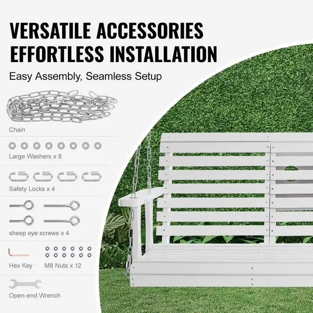 Alt view image 5 of 7 - Wooden Porch Swing 5 ft, Patio bench swing for Courtyard & Garden, Upgraded 880 lbs Strong Load Capacity, Heavy Duty Swing Chair Bench with Hanging Chains for Outdoors, White