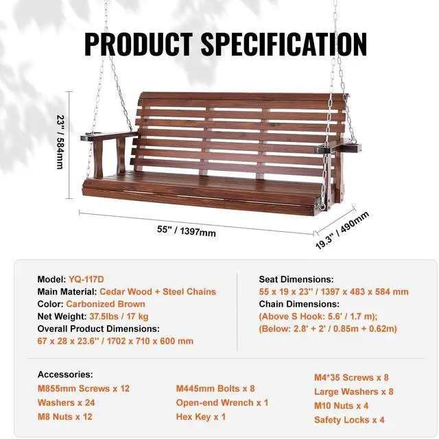 Alt view image 7 of 7 - Wooden Porch Swing 5.5 ft, Patio bench swing for Courtyard & Garden, Upgraded 880 lbs Strong Load Capacity, Heavy Duty Swing Chair Bench with Hanging Chains for Outdoors, Brown