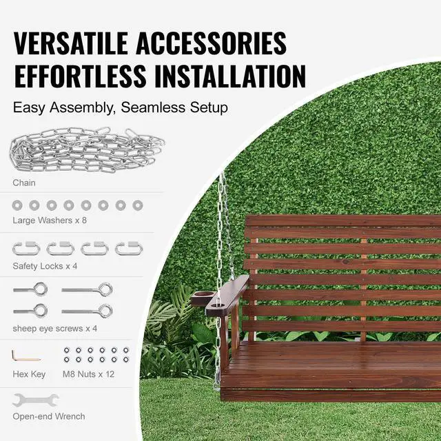 Alt view image 5 of 7 - Wooden Porch Swing 5.5 ft, Patio bench swing for Courtyard & Garden, Upgraded 880 lbs Strong Load Capacity, Heavy Duty Swing Chair Bench with Hanging Chains for Outdoors, Brown