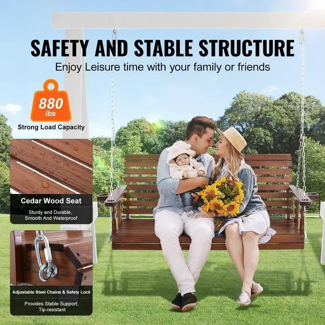 Alt view image 2 of 7 - Wooden Porch Swing 5.5 ft, Patio bench swing for Courtyard & Garden, Upgraded 880 lbs Strong Load Capacity, Heavy Duty Swing Chair Bench with Hanging Chains for Outdoors, Brown