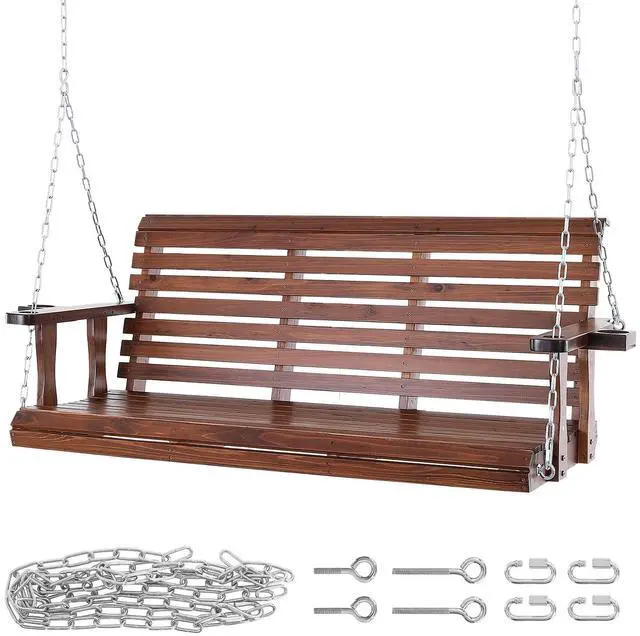Main image of Wooden Porch Swing 5.5 ft, Patio bench swing for Courtyard & Garden, Upgraded 880 lbs Strong Load Capacity, Heavy Duty Swing Chair Bench with Hanging Chains for Outdoors, Brown