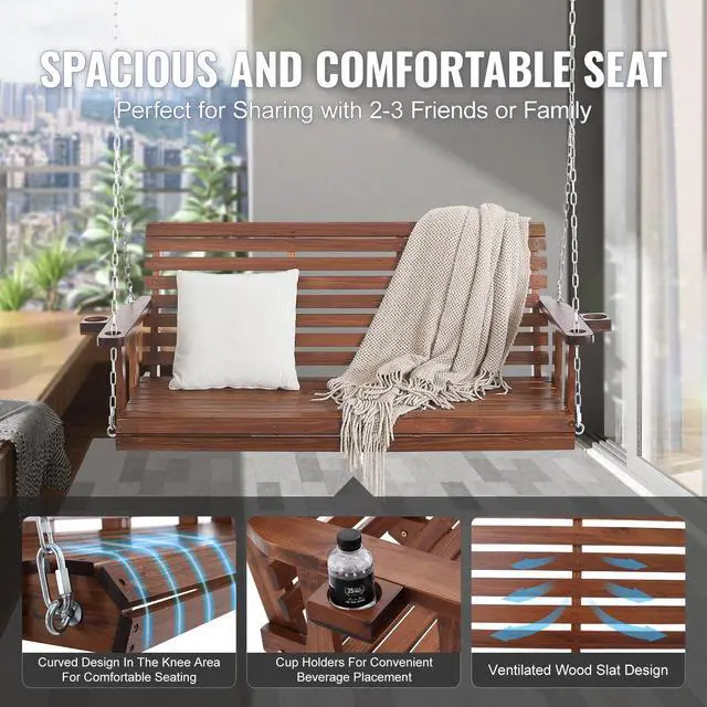 Alt view image 4 of 7 - Wooden Porch Swing 5.5 ft, Patio bench swing for Courtyard & Garden, Upgraded 880 lbs Strong Load Capacity, Heavy Duty Swing Chair Bench with Hanging Chains for Outdoors, Brown