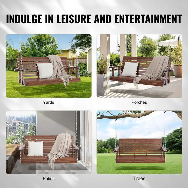 Alt view image 6 of 7 - Wooden Porch Swing 5.5 ft, Patio bench swing for Courtyard & Garden, Upgraded 880 lbs Strong Load Capacity, Heavy Duty Swing Chair Bench with Hanging Chains for Outdoors, Brown