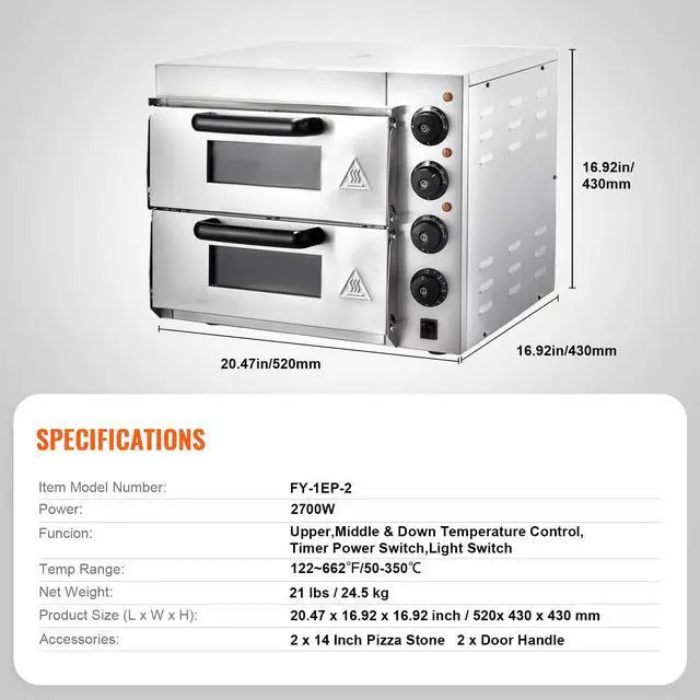 Alt view image 7 of 7 - Commercial Pizza Oven Countertop, 14-Inch Double Deck Layer, Stainless Steel Electric Pizza Oven with Stone and Handle, Multipurpose Indoor Pizza Maker for Restaurant Home Pretzels Baked