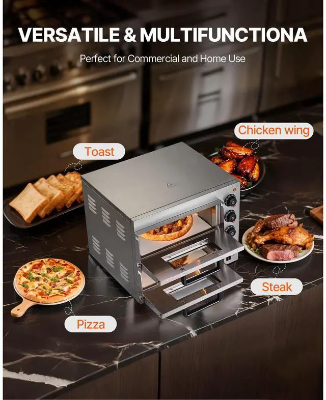 Alt view image 6 of 7 - Commercial Pizza Oven Countertop, 14-Inch Double Deck Layer, Stainless Steel Electric Pizza Oven with Stone and Handle, Multipurpose Indoor Pizza Maker for Restaurant Home Pretzels Baked