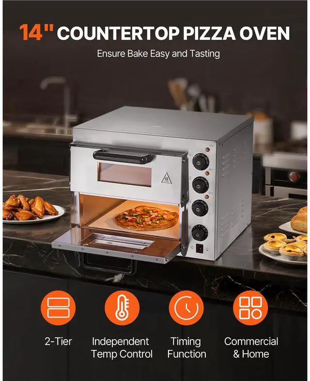 Alt view image 2 of 7 - Commercial Pizza Oven Countertop, 14-Inch Double Deck Layer, Stainless Steel Electric Pizza Oven with Stone and Handle, Multipurpose Indoor Pizza Maker for Restaurant Home Pretzels Baked