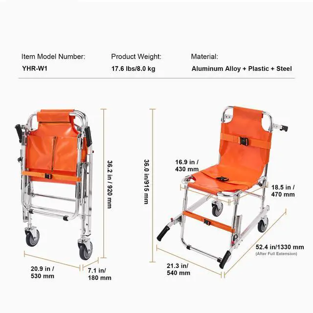 Alt view image 7 of 7 - EMS Stair Chair, 350 lbs Load Capacity, Foldable Aluminum Emergency Stair Climbing Wheelchair with 2 Wheels, Portable Stair Lift Chair Ambulance Firefighter Evacuation Use for Elderly, Disabled
