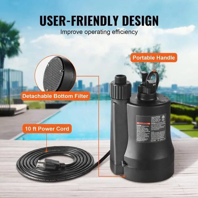 Alt view image 5 of 7 - Utility Pump, 1/3 HP, 2450 GPH High Flow, 30 ft Head, Sump Pump Submersible Water Pump Portable Utility Pump with 10 ft Long Power Cord for Draining Water from Swimming Pool Garden Pond Basement