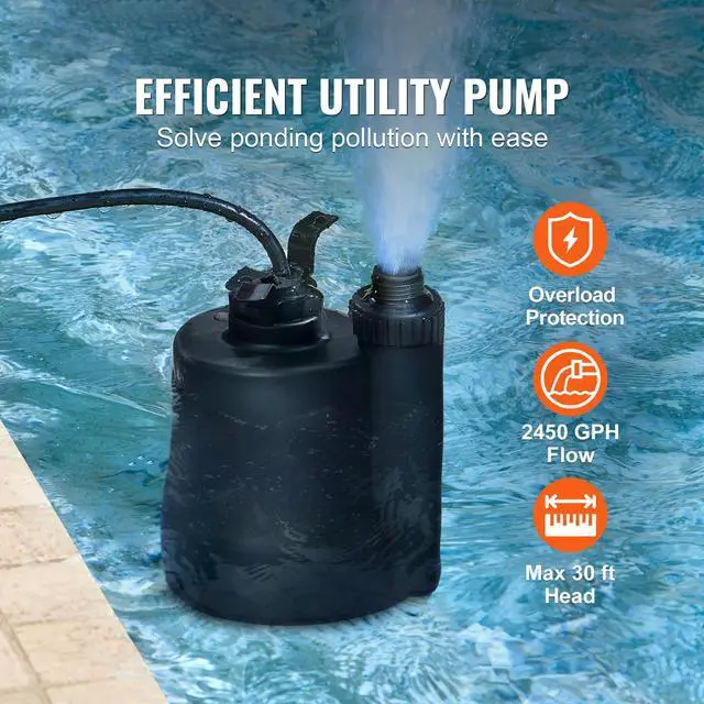 Alt view image 2 of 7 - Utility Pump, 1/3 HP, 2450 GPH High Flow, 30 ft Head, Sump Pump Submersible Water Pump Portable Utility Pump with 10 ft Long Power Cord for Draining Water from Swimming Pool Garden Pond Basement