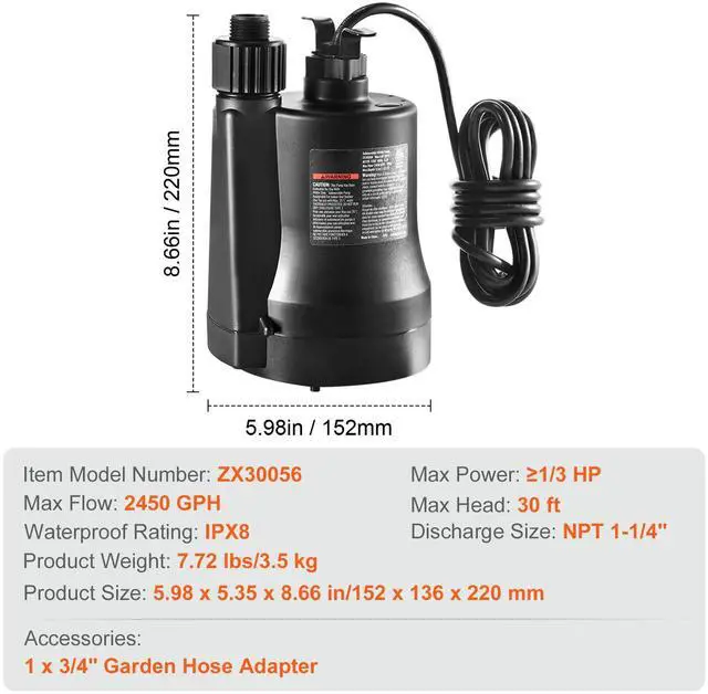 Alt view image 7 of 7 - Utility Pump, 1/3 HP, 2450 GPH High Flow, 30 ft Head, Sump Pump Submersible Water Pump Portable Utility Pump with 10 ft Long Power Cord for Draining Water from Swimming Pool Garden Pond Basement
