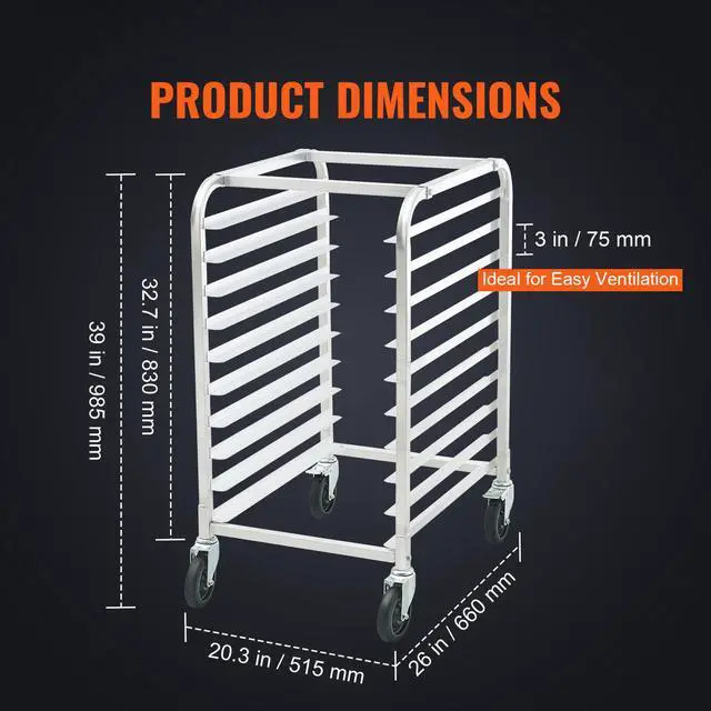Alt view image 2 of 7 - Bun Pan Rack, 10-Tier Commercial Bakery Racks with Brake Wheels, Aluminum Racking Trolley Storage for Half & Full Sheet, Speed Rack For Kitchen Home, Bread Baking Equipment, 26"L x 20.3"W x 39"H