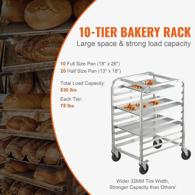 Alt view image 3 of 7 - Bun Pan Rack, 10-Tier Commercial Bakery Racks with Brake Wheels, Aluminum Racking Trolley Storage for Half & Full Sheet, Speed Rack For Kitchen Home, Bread Baking Equipment, 26"L x 20.3"W x 39"H
