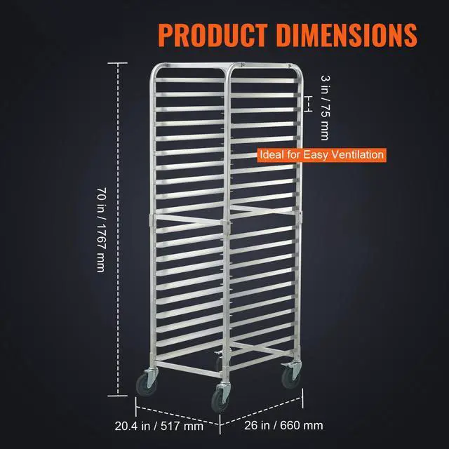 Alt view image 2 of 7 - Bun Pan Rack, 20-Tier Commercial Bakery Racks with Brake Wheels, Aluminum Racking Trolley Storage for Half & Full Sheet, Speed Rack For Kitchen Home, Bread Baking Equipment, 26"L x 20.4"W x 70"H