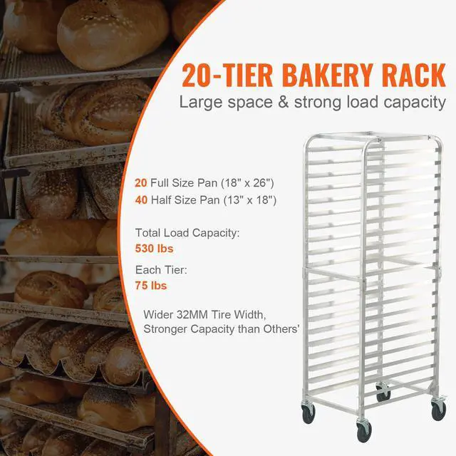 Alt view image 3 of 7 - Bun Pan Rack, 20-Tier Commercial Bakery Racks with Brake Wheels, Aluminum Racking Trolley Storage for Half & Full Sheet, Speed Rack For Kitchen Home, Bread Baking Equipment, 26"L x 20.4"W x 70"H