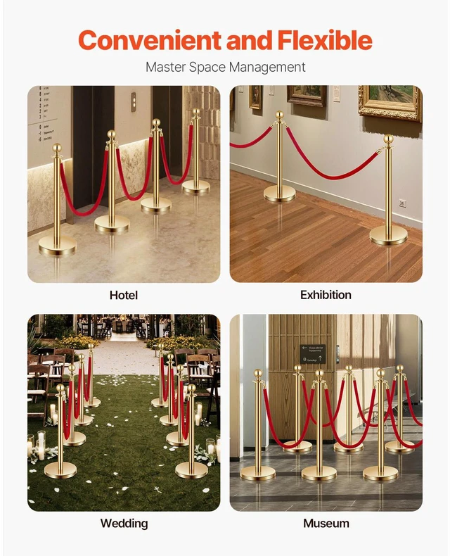 Alt view image 5 of 7 - Stanchions and Velvet Ropes 8Pcs, Hollow Base with Stainless Steel Post, 6 Red Velvet Ropes and Posts, Crowd Control Barriers Gold Stanchions, Red Carpet Runner Poles for Party Supplies
