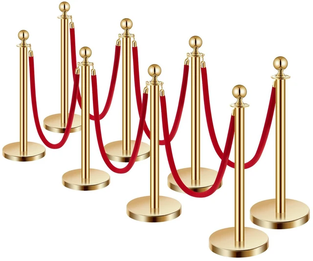Main image of Stanchions and Velvet Ropes 8Pcs, Hollow Base with Stainless Steel Post, 6 Red Velvet Ropes and Posts, Crowd Control Barriers Gold Stanchions, Red Carpet Runner Poles for Party Supplies