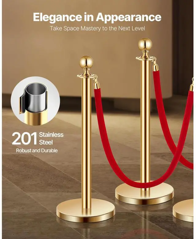 Alt view image 2 of 7 - Stanchions and Velvet Ropes 8Pcs, Hollow Base with Stainless Steel Post, 6 Red Velvet Ropes and Posts, Crowd Control Barriers Gold Stanchions, Red Carpet Runner Poles for Party Supplies