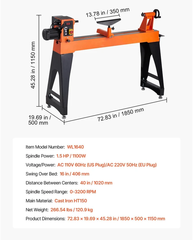 Alt view image 7 of 8 - Woodworking Lathe, 1.5 HP, Wood Lathe Machine with 0 to 3200 RPM Variable Speed, 16 x 40 in Workbench, Brushless DC Motor, Cast Iron Body, Tool Rest, for Medium to Large Projects Woodworking