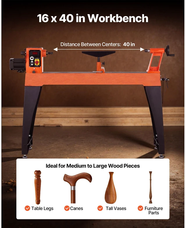 Alt view image 3 of 8 - Woodworking Lathe, 1.5 HP, Wood Lathe Machine with 0 to 3200 RPM Variable Speed, 16 x 40 in Workbench, Brushless DC Motor, Cast Iron Body, Tool Rest, for Medium to Large Projects Woodworking