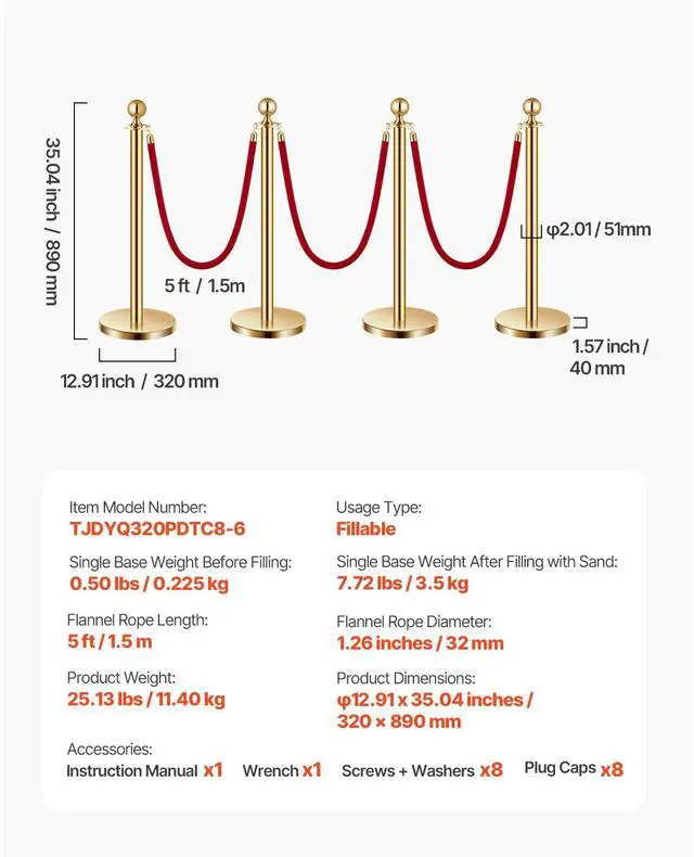 Alt view image 7 of 7 - Stanchions and Velvet Ropes 8Pcs, Hollow Base with Stainless Steel Post, 6 Red Velvet Ropes and Posts, Crowd Control Barriers Gold Stanchions, Red Carpet Runner Poles for Party Supplies