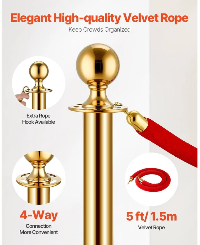 Alt view image 6 of 7 - Stanchions and Velvet Ropes 8Pcs, Hollow Base with Stainless Steel Post, 6 Red Velvet Ropes and Posts, Crowd Control Barriers Gold Stanchions, Red Carpet Runner Poles for Party Supplies