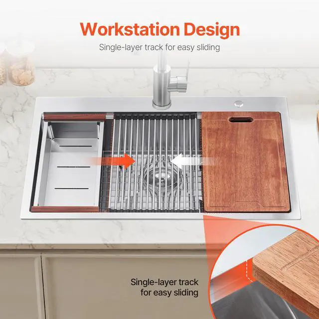 Alt view image 4 of 7 - 30 inch Kitchen Sink Workstation, 304 Stainless Steel Top Mount Sinks, Drop-In Single Bowl Farmhouse Basin with Ledge & Multiple Accessories, Household Dishwasher Sink for RV, Prep Kitchen, Bar