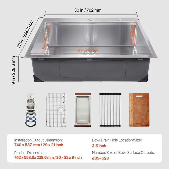 Alt view image 7 of 7 - 30 inch Kitchen Sink Workstation, 304 Stainless Steel Top Mount Sinks, Drop-In Single Bowl Farmhouse Basin with Ledge & Multiple Accessories, Household Dishwasher Sink for RV, Prep Kitchen, Bar