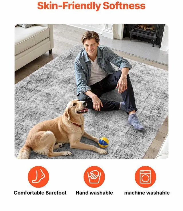Alt view image 7 of 7 - Area Rug, 6 x 9 ft Large Washable Boho Rug, Non-Slip and Tear-Resistant Soft Carpet, Pet Friendly Bohemian Area Rugs, Indoor Mat for Bedroom, Living Room, Entryway, Gray