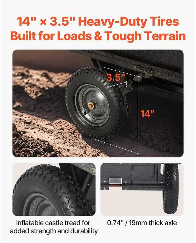 Alt view image 6 of 7 - Garden Utility Trailer, 10 Cu. Ft & 500lbs Capacity, ATV UTV Hauling Trailer, Tow Behind Steel Dump Cart with 14" Tires, Hand Pull or Foot Pedal, Heavy Duty Yard Trailers for Lawn Mower Tractor