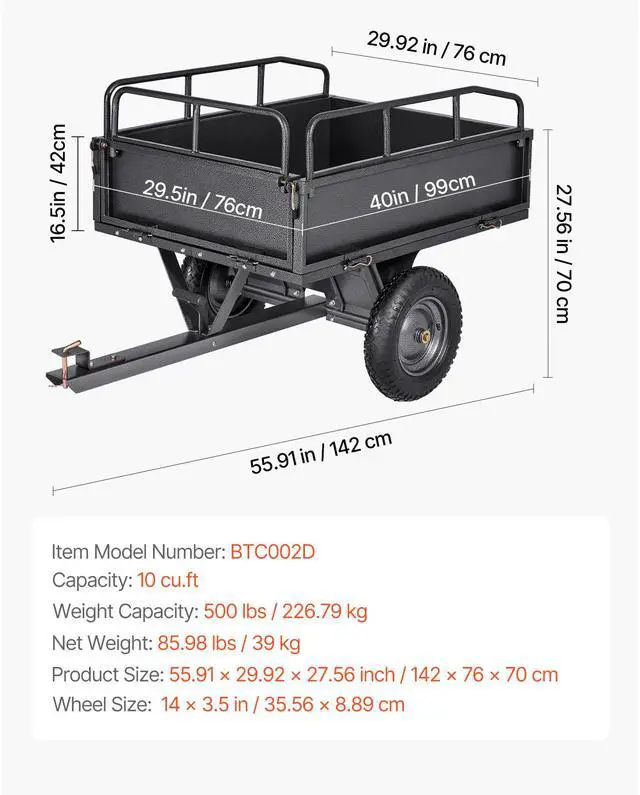 Alt view image 7 of 7 - Garden Utility Trailer, 10 Cu. Ft & 500lbs Capacity, ATV UTV Hauling Trailer, Tow Behind Steel Dump Cart with 14" Tires, Hand Pull or Foot Pedal, Heavy Duty Yard Trailers for Lawn Mower Tractor