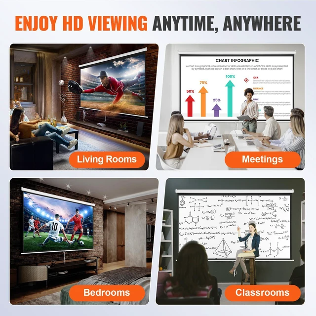 Alt view image 6 of 7 - Manual Projector Screen, 100 inch 16:9 4K 1080 HD Retractable Pull Down Projector Screen, Auto-Locking Portable Movie Screen for Family Home Office Theater