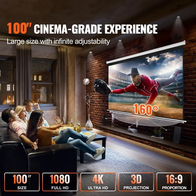 Alt view image 2 of 7 - Manual Projector Screen, 100 inch 16:9 4K 1080 HD Retractable Pull Down Projector Screen, Auto-Locking Portable Movie Screen for Family Home Office Theater