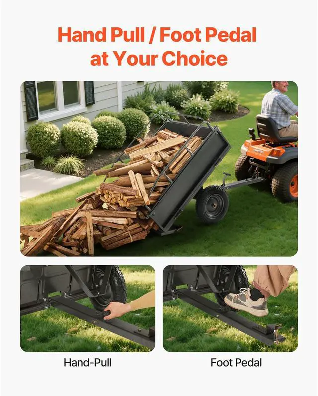 Alt view image 5 of 7 - Garden Utility Trailer, 10 Cu. Ft & 500lbs Capacity, ATV UTV Hauling Trailer, Tow Behind Steel Dump Cart with 14" Tires, Hand Pull or Foot Pedal, Heavy Duty Yard Trailers for Lawn Mower Tractor
