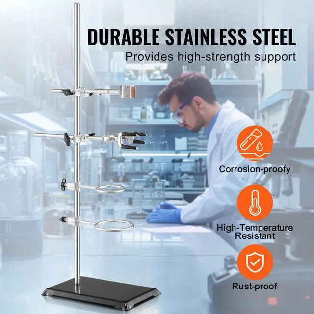 Alt view image 2 of 7 - Lab Stand Support, Laboratory Retort Support Stand 2 Sets, Steel Lab Stand 23.6" Rod and 8.3" x 5.3" Cast Iron Base, Includes Flask Clamps, Burette Clamps and Cross Clamps