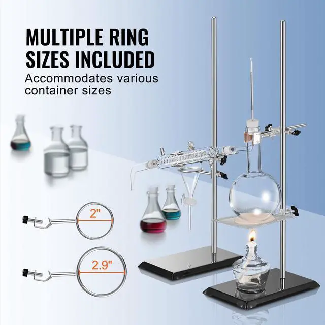 Alt view image 5 of 7 - Lab Stand Support, Laboratory Retort Support Stand 2 Sets, Steel Lab Stand 23.6" Rod and 8.3" x 5.3" Cast Iron Base, Includes Flask Clamps, Burette Clamps and Cross Clamps