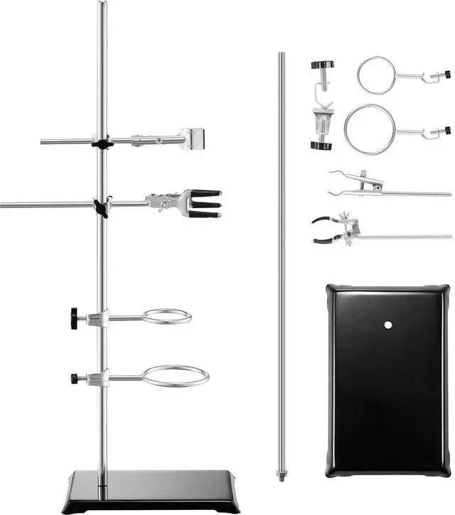 Main image of Lab Stand Support, Laboratory Retort Support Stand 2 Sets, Steel Lab Stand 23.6" Rod and 8.3" x 5.3" Cast Iron Base, Includes Flask Clamps, Burette Clamps and Cross Clamps